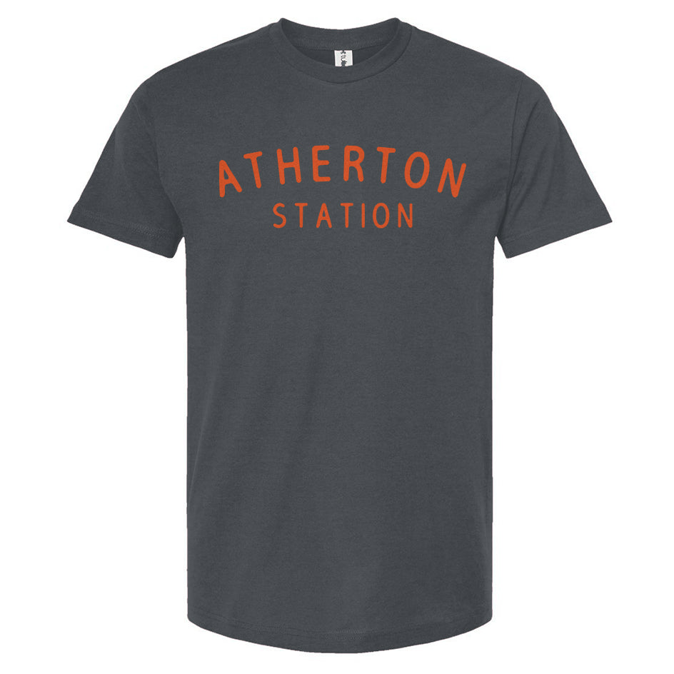 Brown t-shirt with 'Atherton Station' text in SF Giants orange