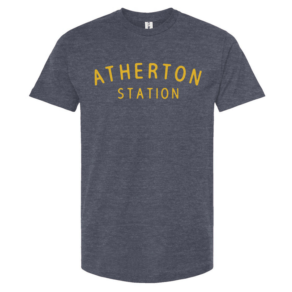 Atherton Station vintage yellow on heather denim blue t-shirt