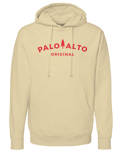 Beige hoodie with 'Palo Alto Original' text in red on a white background