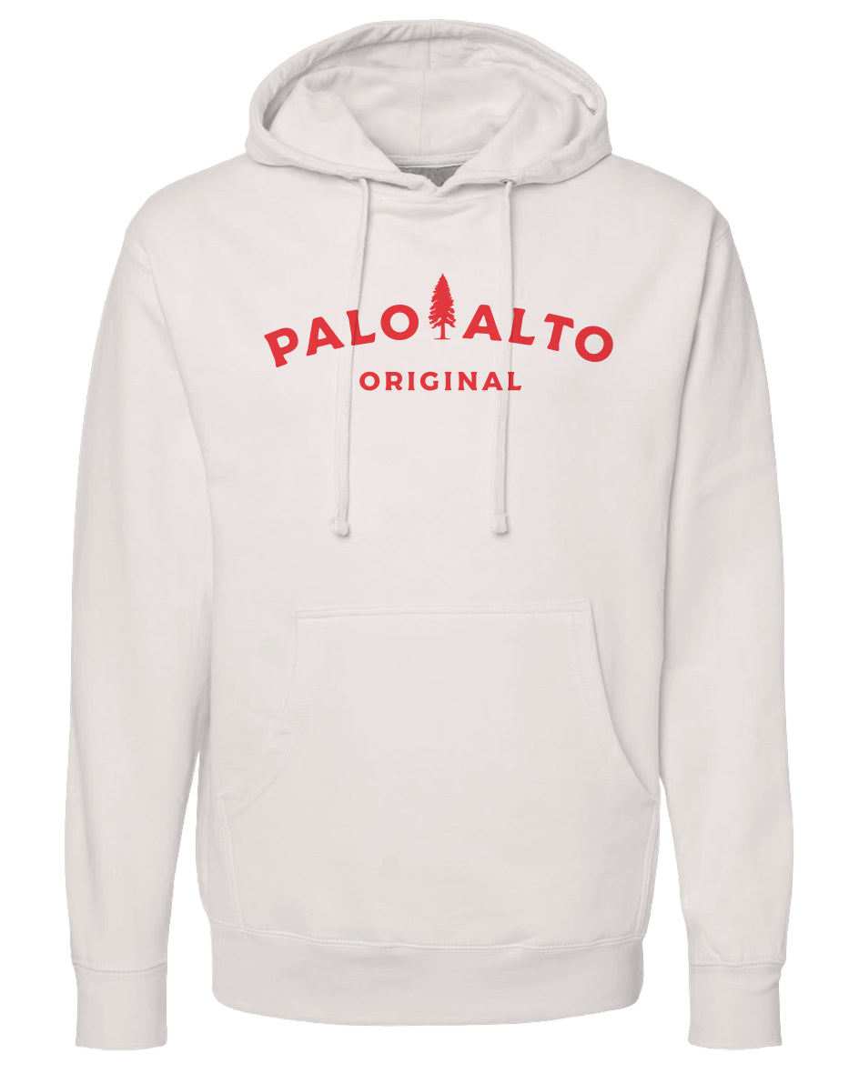 White hoodie with red 'Palo Alto Original' text on a white background