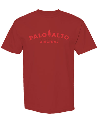 Red t-shirt with 'Palo Alto Original' text on a white background