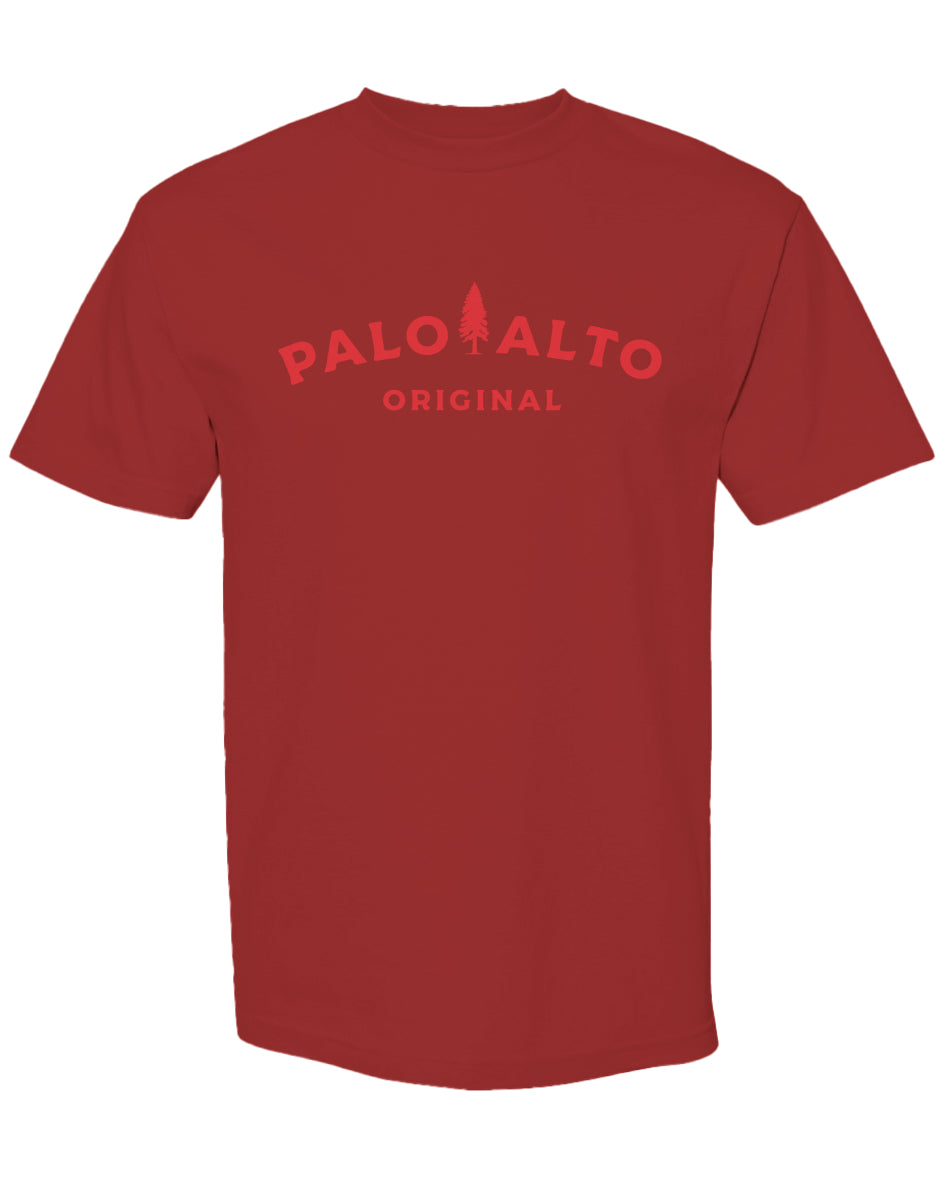 Red t-shirt with 'Palo Alto Original' text on a white background