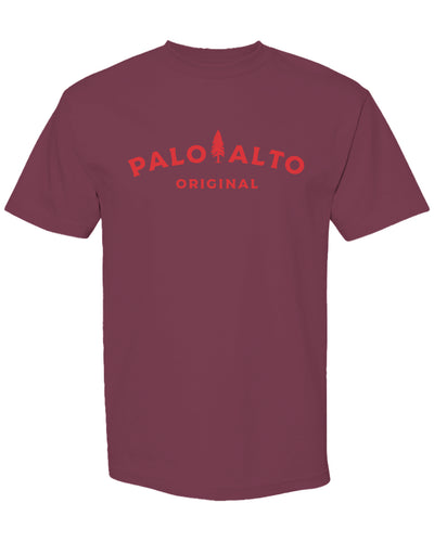 Burgundy t-shirt with 'Palo Alto Original' text on the chest
