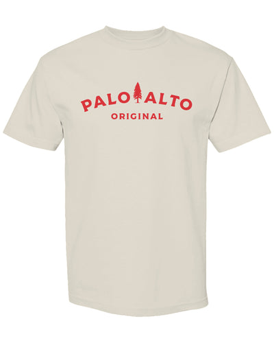 Natural colored t-shirt with red 'Palo Alto Original' text on a white background