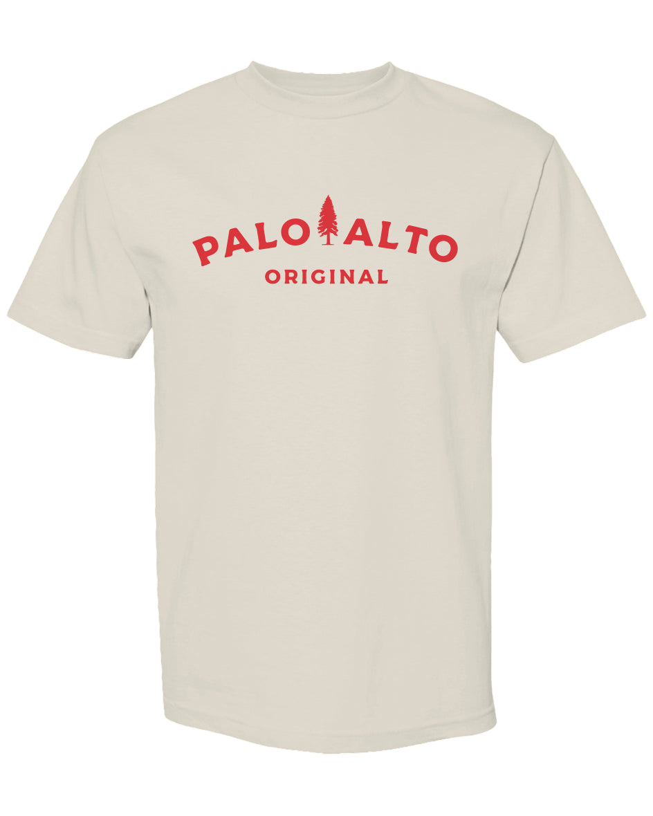 Natural colored t-shirt with red 'Palo Alto Original' text on a white background