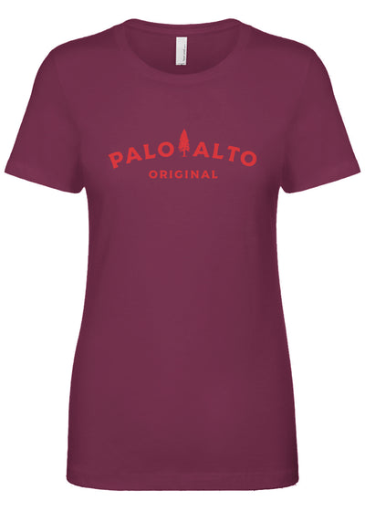 Maroon t-shirt with 'Palo Alto Original' text and logo on a white background