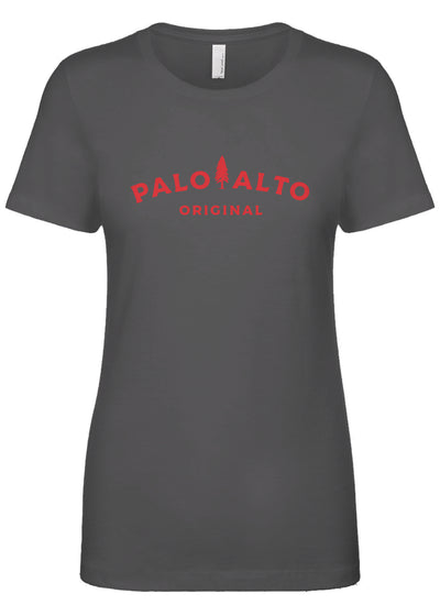 Gray t-shirt with red 'Palo Alto Original' text on a white background