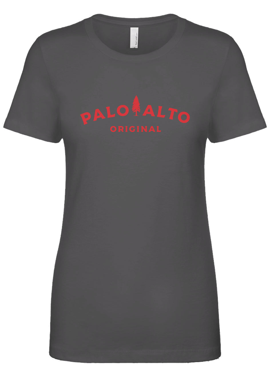 Gray t-shirt with red 'Palo Alto Original' text on a white background