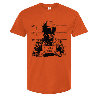Orange t-shirt with black graphic design on a white background