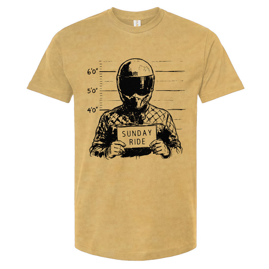 Pale yellow t-shirt with a graphic of a person in a helmet and 'Sunday Ride' text on a white background