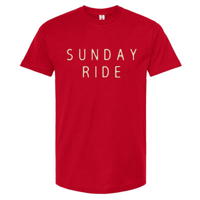 Red t-shirt with 'SUNDAY RIDE' text on a white background