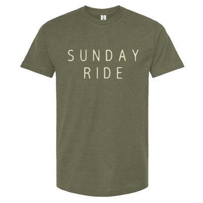 Army Green t-shirt with 'SUNDAY RIDE' text on a white background