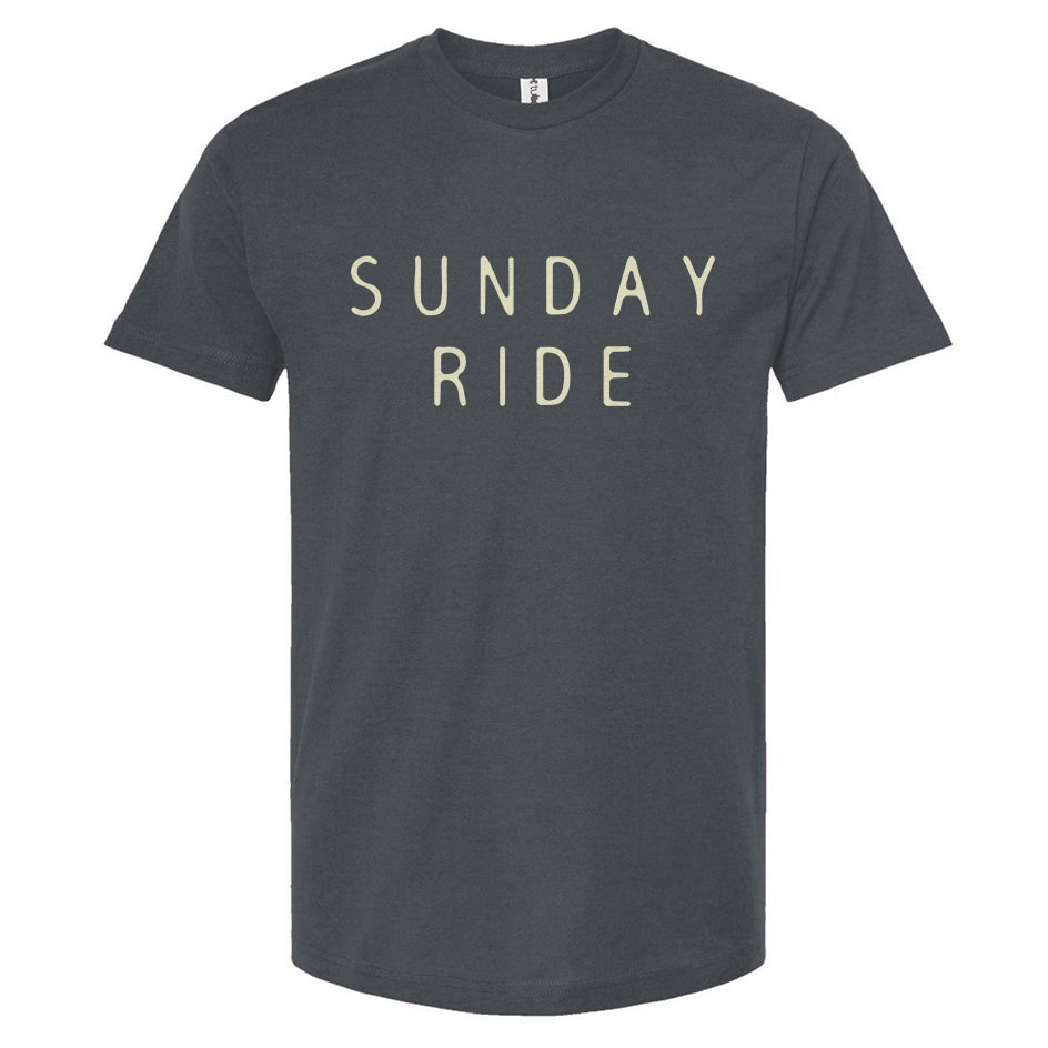 Indigo blue t-shirt with 'SUNDAY RIDE' text on a white background