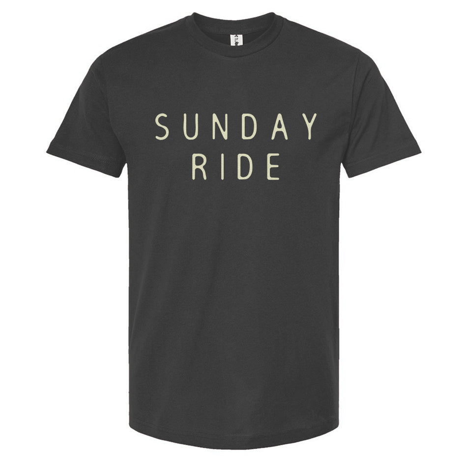 Charcoal gray t-shirt with 'SUNDAY RIDE' text on a white background