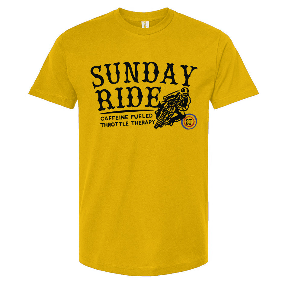 Gold t-shirt with 'Sunday Ride' graphic design on a white background