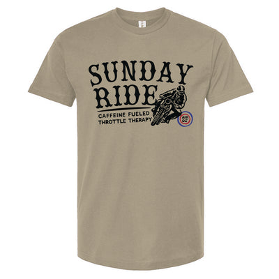 Beige t-shirt with 'Sunday Ride' graphic design on a white background