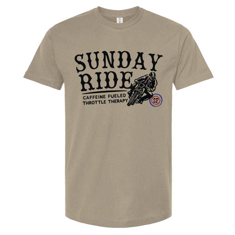 Beige t-shirt with 'Sunday Ride' graphic design on a white background