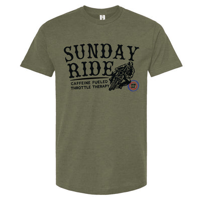 Green t-shirt with 'Sunday Ride' graphic on a white background