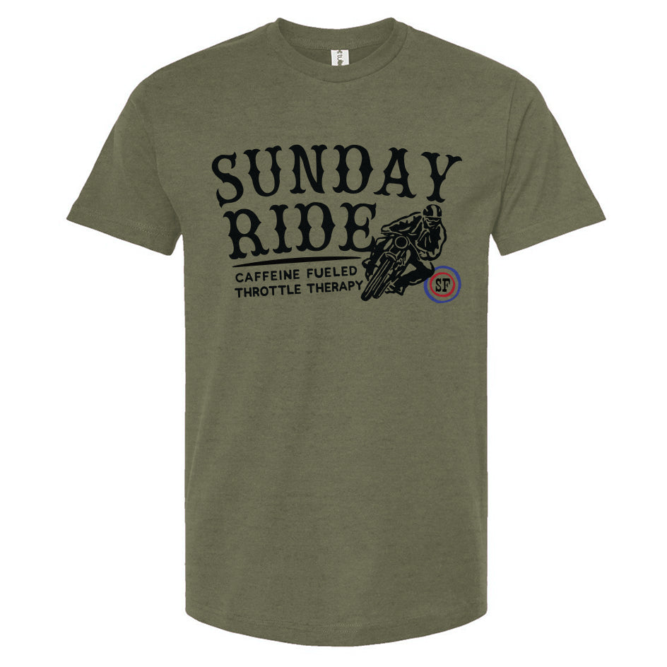 Green t-shirt with 'Sunday Ride' graphic on a white background