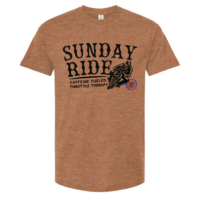 Rust colored t-shirt with 'Sunday Ride' graphic design on a white background