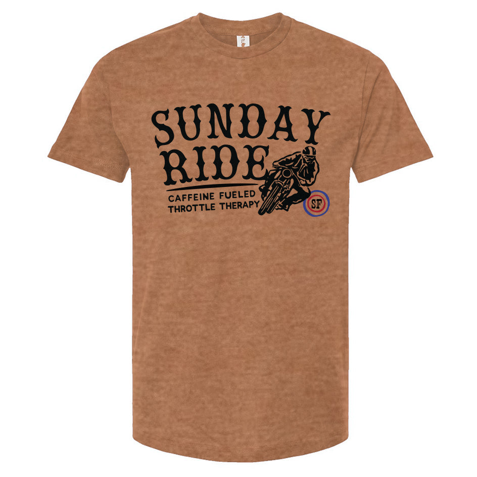 Rust colored t-shirt with 'Sunday Ride' graphic design on a white background