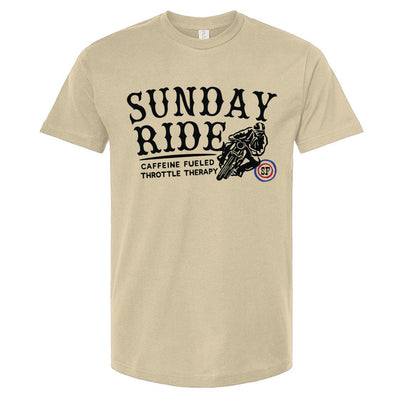 Beige t-shirt with 'Sunday Ride' graphic and text on a white background