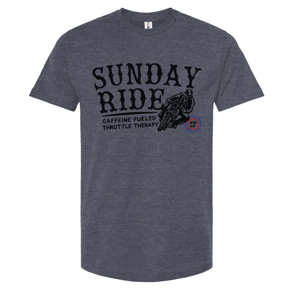 Denim blue t-shirt with 'Sunday Ride' graphic design on a white background