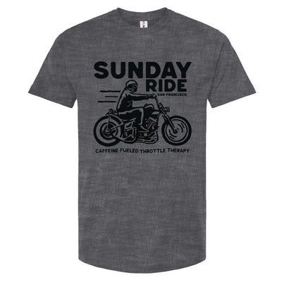 Heather Charcoal t-shirt with black 'Sunday Ride' graphic and text on a white background
