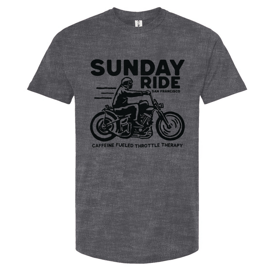Heather Charcoal t-shirt with black 'Sunday Ride' graphic and text on a white background