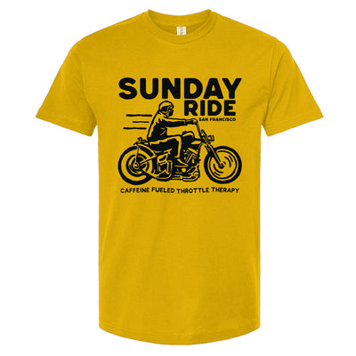 Gold t-shirt with black 'Sunday Ride' graphic and text on a white background