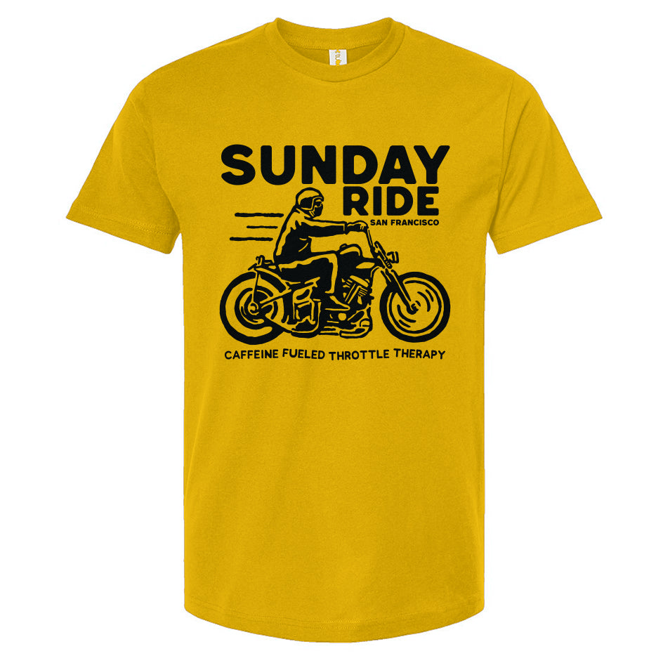 Gold t-shirt with black 'Sunday Ride' graphic and text on a white background