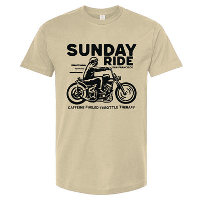 Natural colored t-shirt with black 'Sunday Ride' graphic and text on a white background