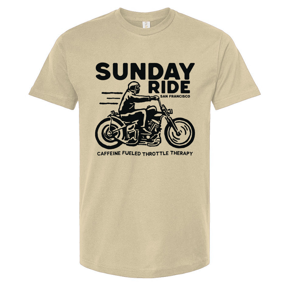 Natural colored t-shirt with black 'Sunday Ride' graphic and text on a white background