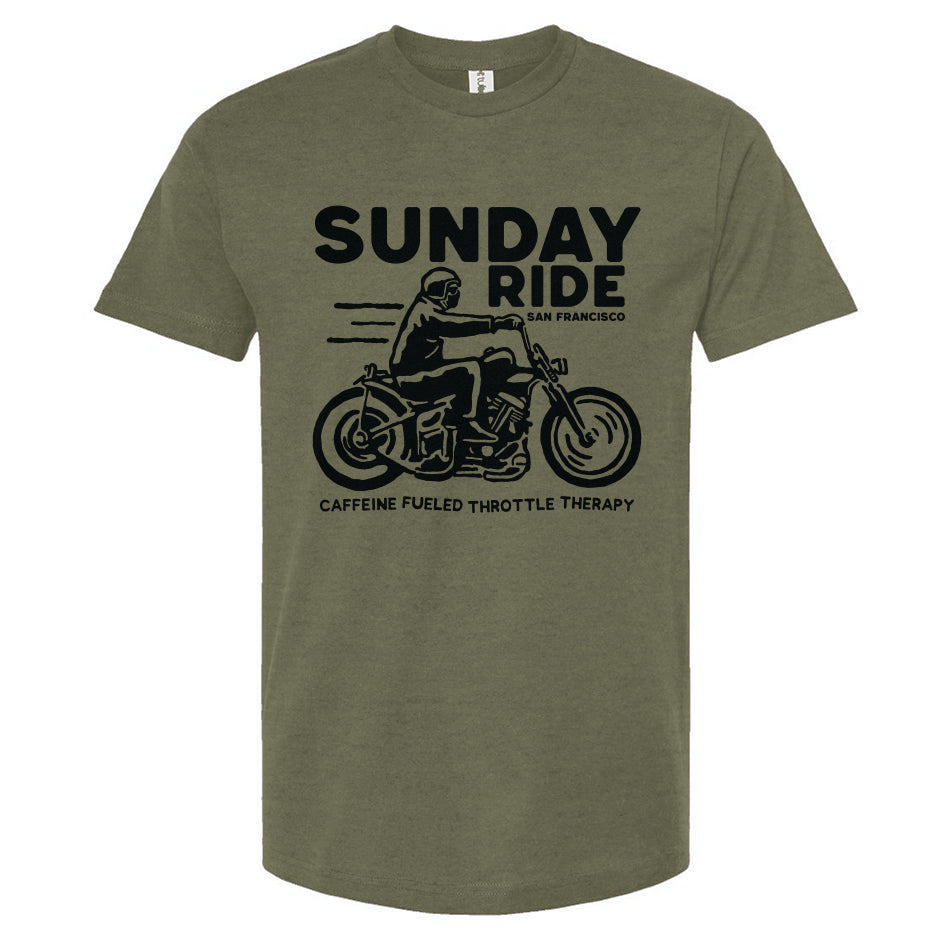 Military green t-shirt with black 'Sunday Ride' graphic and text on a white background