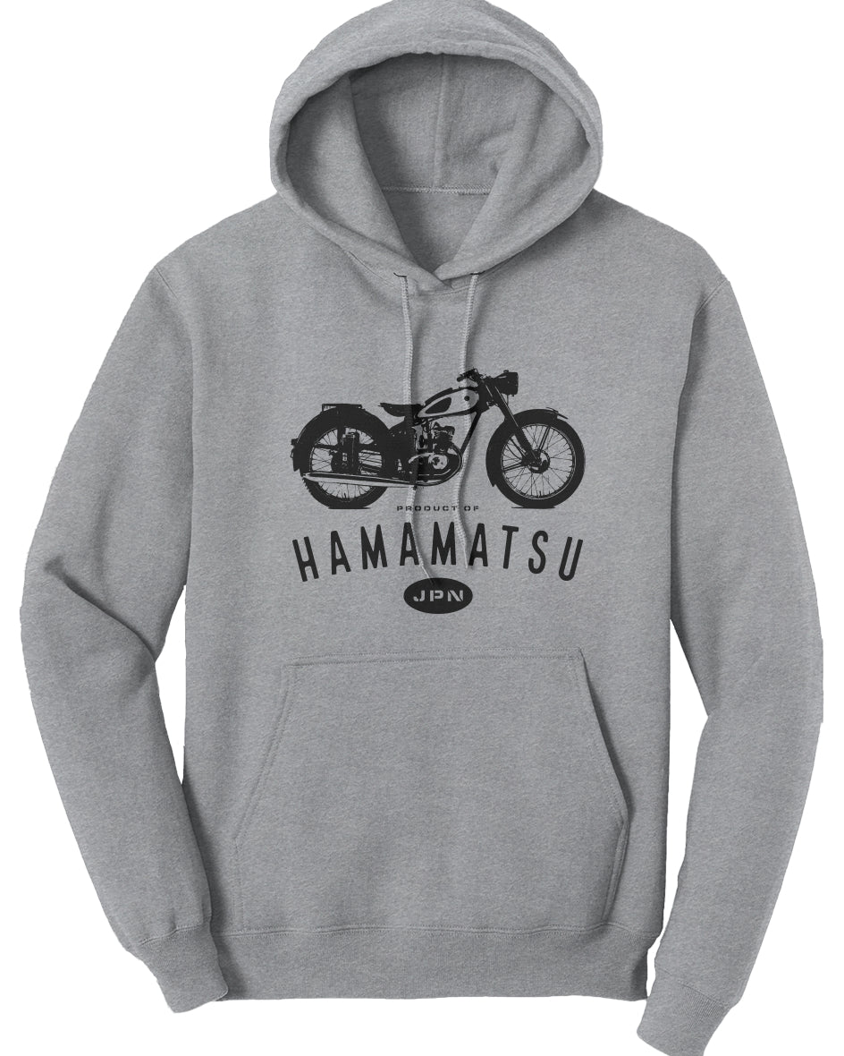 Gray hoodie with black motorcycle graphic and 'Hamamatsu' text on a white background