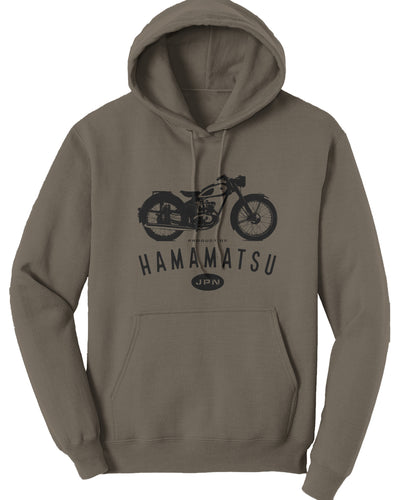 Olive green hoodie with motorcycle graphic and 'Hamamatsu' text on a white background