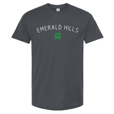 Indigo t-shirt with 'Emerald Hills' text on a white background