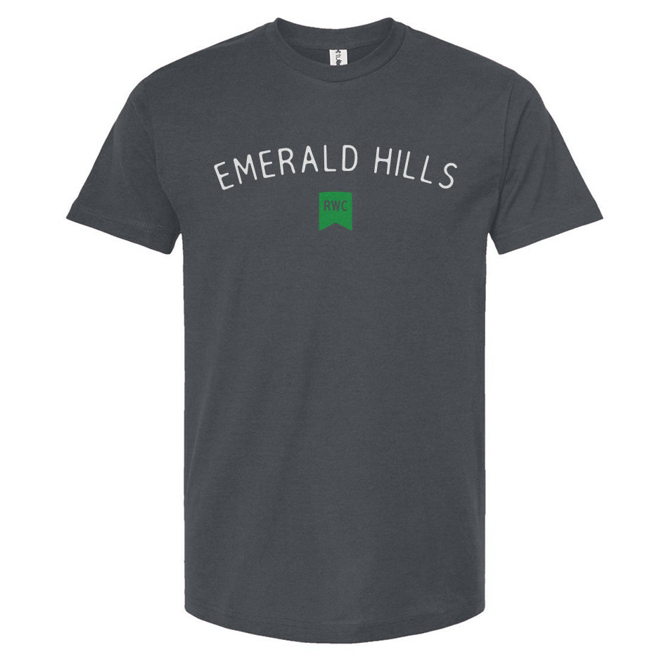 Indigo t-shirt with 'Emerald Hills' text on a white background