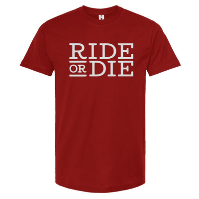 Red t-shirt with 'RIDE OR DIE' text on a white background