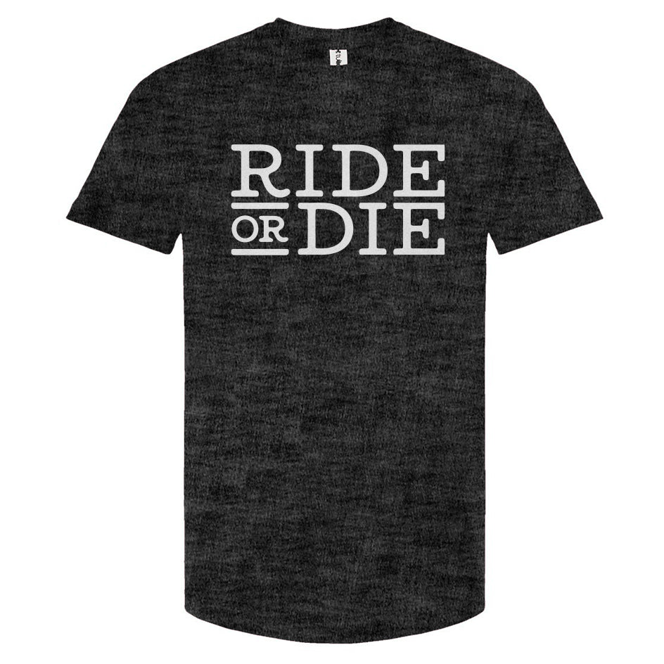 Heather Charcoal t-shirt with 'Ride or Die' text on a white background