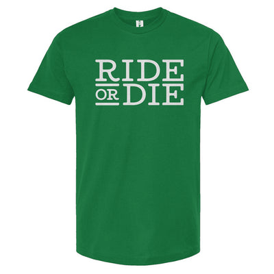 Green t-shirt with 'Ride or Die' text on a white background
