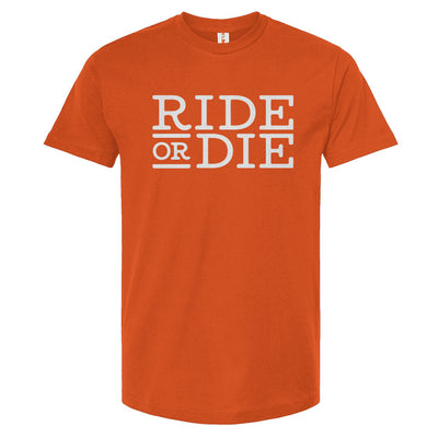 Orange t-shirt with 'RIDE OR DIE' text on a white background