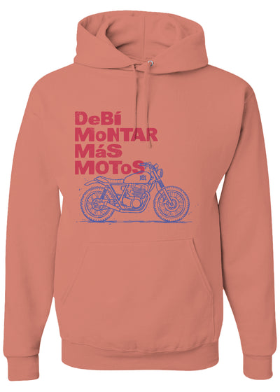 Coral hoodie with red text and motorcycle graphic on a white background