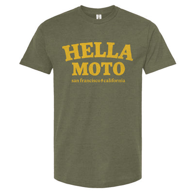 Green t-shirt with 'HELLA MOTO San Francisco California' text on a white background