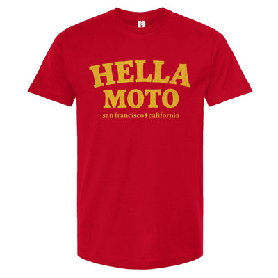 Red t-shirt with yellow text 'HELLA MOTO san francisco/california' on a white background