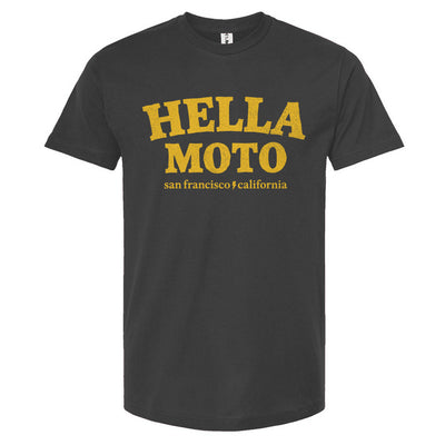 Charcoal Gray t-shirt with 'HELLA MOTO San Francisco California' text in yellow on a white background