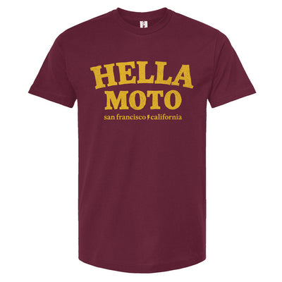 Burgundy t-shirt with 'HELLA MOTO San Francisco California' text in yellow on a white background