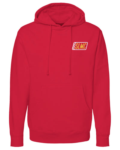 Red hoodie with a logo on the chest against a white background