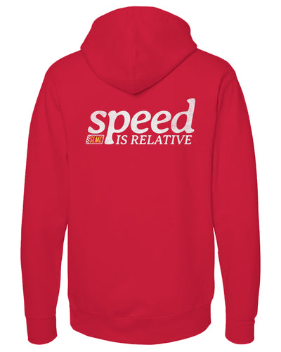 Red hoodie with 'speed is relative' text on the back against a white background