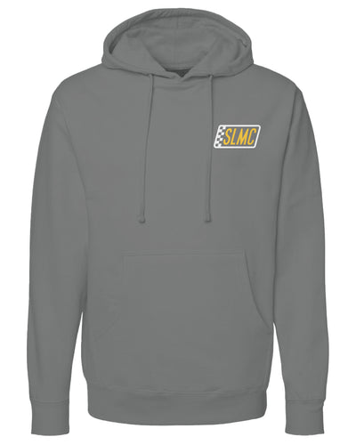 Gray hoodie with a logo on the chest against a white background